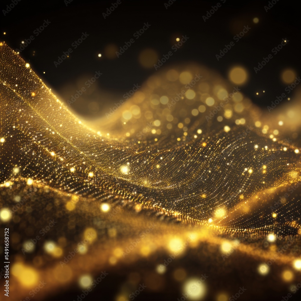 Poster golden glittering particles flowing in waves on black background abstract luxury style concept graph