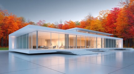 Obraz premium Modern Glass House Amidst Autumnal Splendor with Luxurious Living.