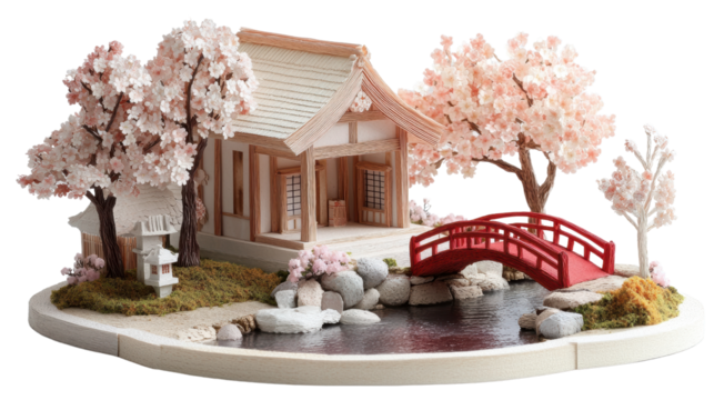 Miniature japanese garden scene with torii gate, cherry blossoms, pond, and red bridge creates serene vista. - Powered by Adobe