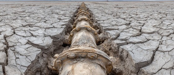 Arid Landscape with Pipeline Stretching to Horizon in Extreme Heat and Drought Conditions at Low Angle