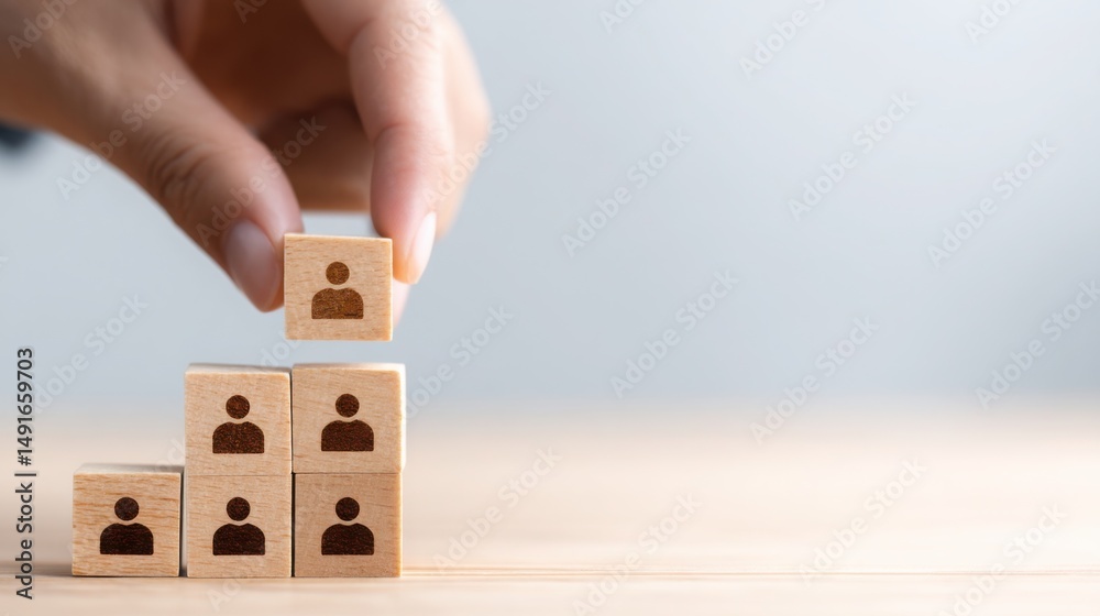 Poster person placing wooden block in group of people demonstrating collaboration in structured architectur
