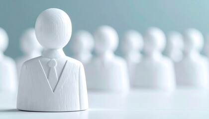 A group of white figurines representing people, with one prominently in front, symbolizing leadership and individuality in a professional context