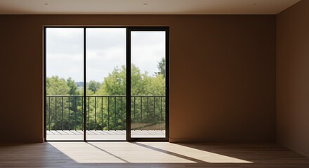 Obraz premium Black frame glass wall and door to balcony of empty room with brown wall with tree view for interior design decoration