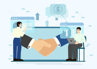 B2B agreement signing with financial analysis. Vector illustration