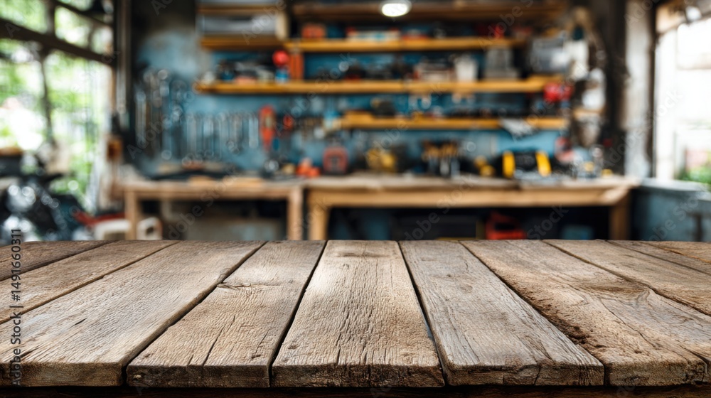Poster Rustic Wood Tabletop in Workshop Setting with Tools and Workbench in Background for Product Mockups and Displays