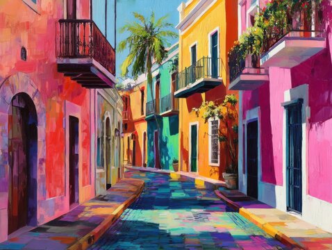 Colorful street scene in San Juan Puerto Rico vibrant buildings architecture and cobblestone street impressionistic style