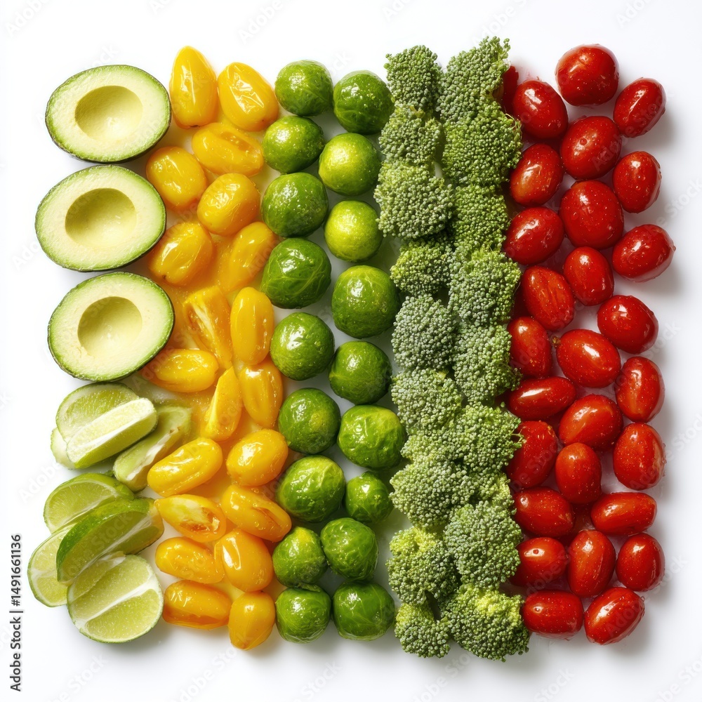 Poster overhead flat lay of fresh vegetables arranged in colorful rows on white background studio shot heal