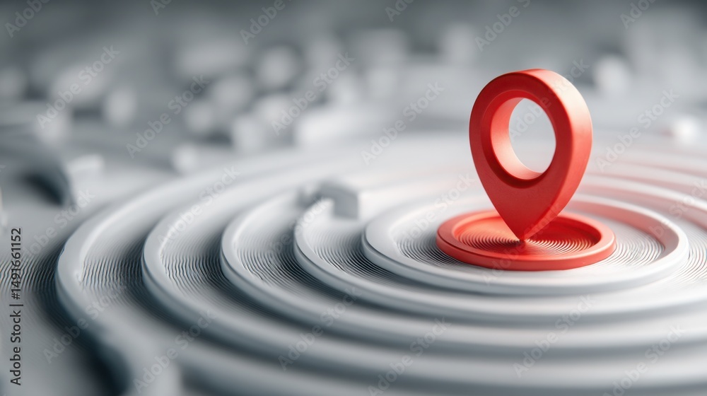 Poster bright red pin positioned on clean white background symbolizing location marking and navigation in d