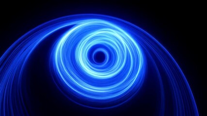 Electric blue energy vortex swirling against a black backdrop abstract effect, with a central dark hole, spiraling light forms a mesmerizing optical illusion.