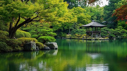 japanese garden with pond and trees