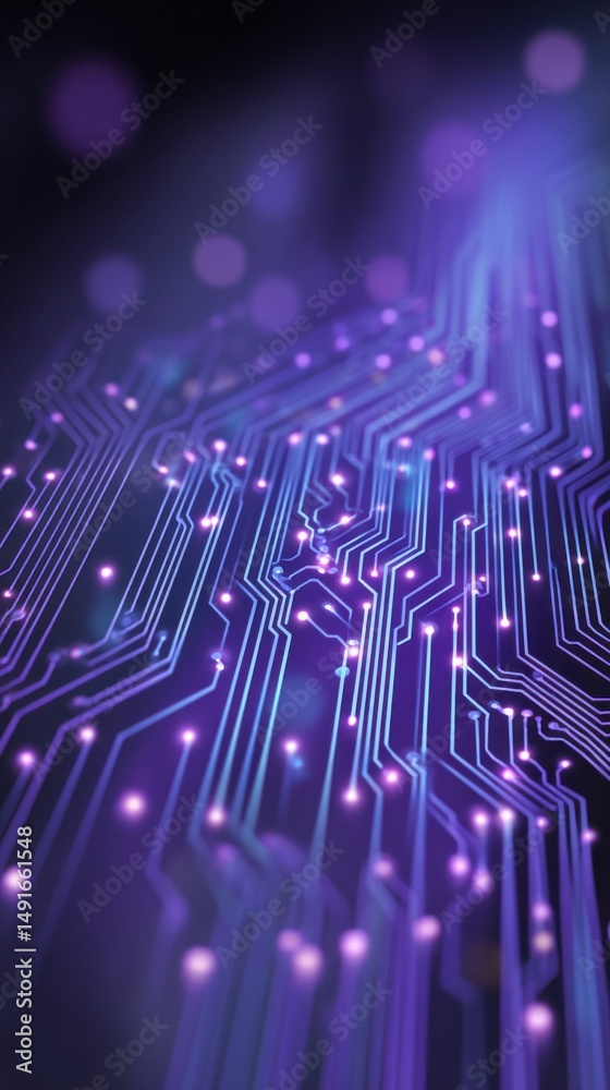 Poster Abstract low angle view of a purple circuit board with glowing nodes for technology or data concept