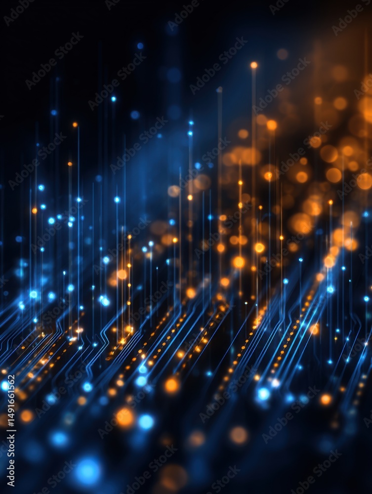 Poster Abstract circuit board with glowing lights shows data flow in a modern tech style with blue and orange colors