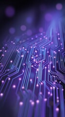 Abstract low angle view of a purple circuit board with glowing nodes for technology or data concept