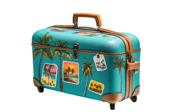 A turquoise suitcase decorated with palm tree prints and colorful travel stickers, featuring a sturdy handle and wheels.