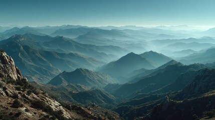 Majestic Mountain Range Panorama Serene Vista of Rolling Hills and Peaks under a Clear Blue Sky