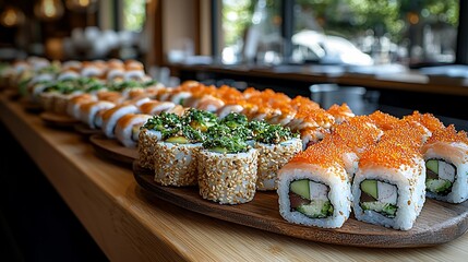 Assorted sushi rolls artfully displayed on a wooden platter
