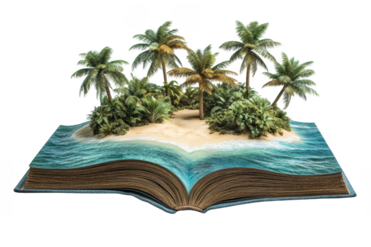 A book opens to reveal a lush tropical island with palm trees and ocean waves on its pages.