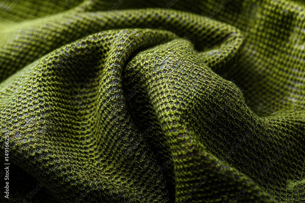 Poster close-up of woven olive green fabric with intricate texture and draping folds in studio lighting for