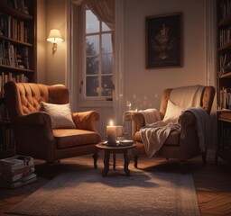 Soft lighting, comfy armchair, books and a steaming mug , ambiance, evening