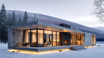 Obraz premium Modern cabin retreat in snow mountain landscape Cozy winter stay.