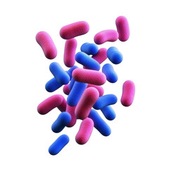 Close-up of colorful bacteria or probiotic microorganisms in pink and blue, magnified view of single-celled organisms for scientific research and microbiology studies