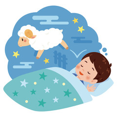 布団で眠る男の子とヒツジのイラスト