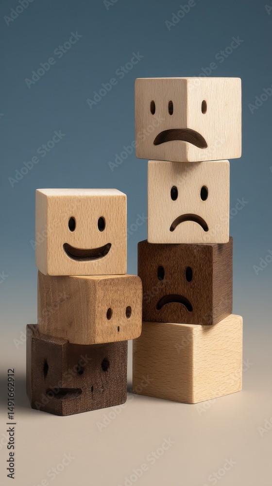 Poster Stacked wooden blocks with carved face expressions representing different emotions studio shot on gradient background