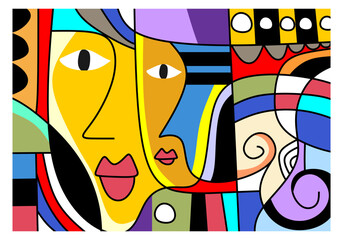 Playful and colorful abstract faces with spiral motifs and symbolic shapes in pop-surrealist style.