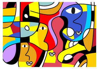 Playful and colorful abstract faces with spiral motifs and symbolic shapes in pop-surrealist style.