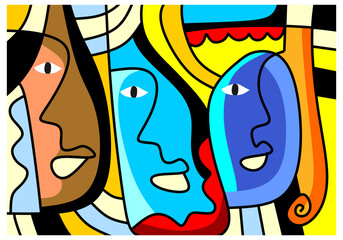 Playful and colorful abstract faces with spiral motifs and symbolic shapes in pop-surrealist style.