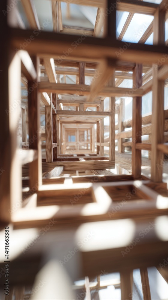 Aufkleber abstract tunnel of wooden frames perspective shot interior design architectural structure constructi