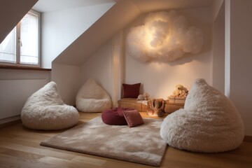 Cozy playroom interior with beanbag chairs and fluffy cloud light fixture in attic room low angle