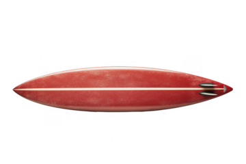 A red surfboard with twin fins, streamlined for performance.