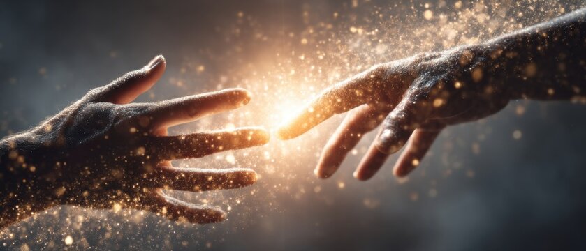 Two Hands Reaching Out in Sparkly Light Close Up Shot of Fingers Touching in Hope and Connection
