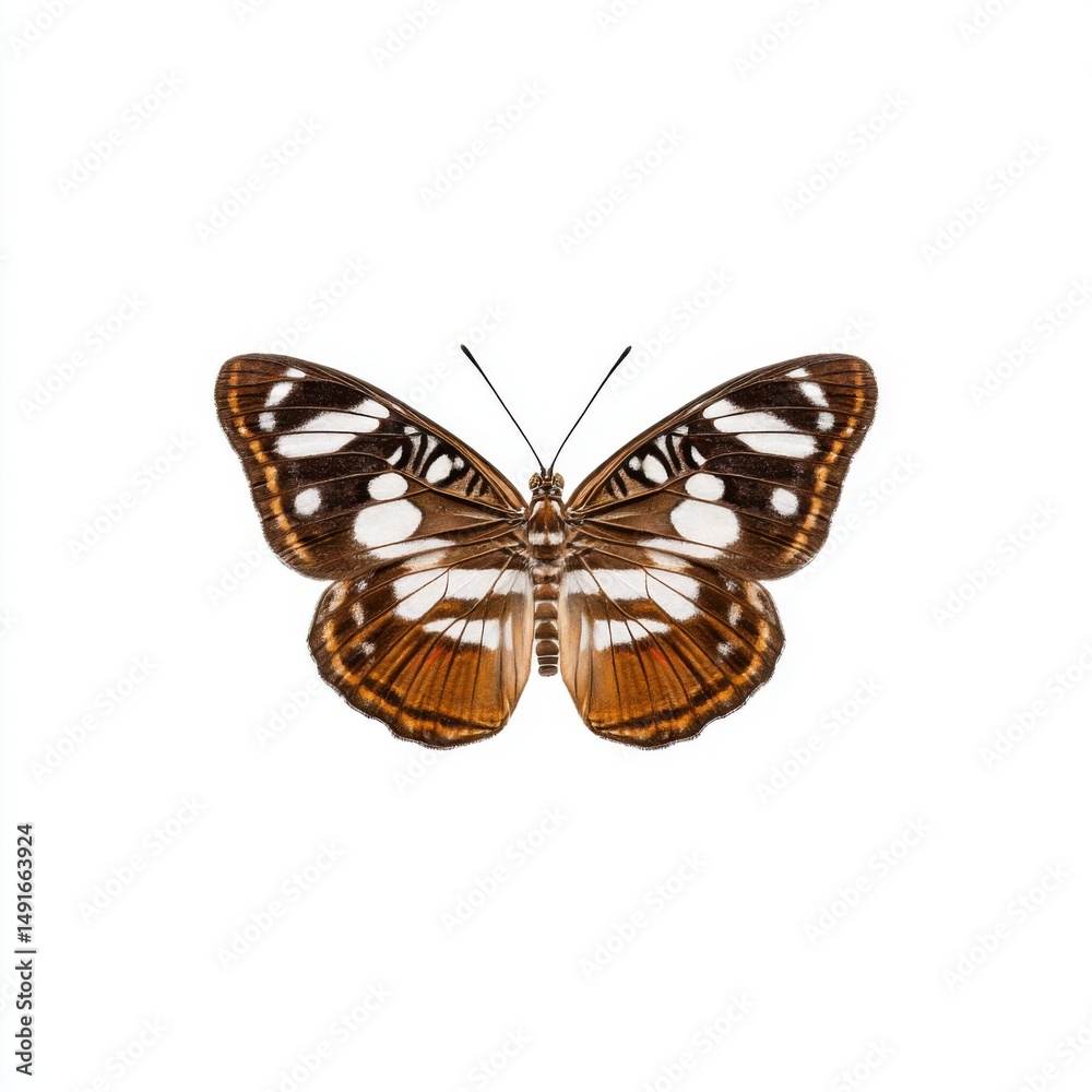 Poster brown and white butterfly with open wings isolated on white background top view macro insect wing pa