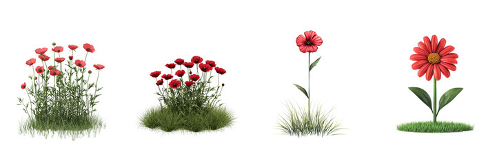 Naklejka premium Red Poppies and Daisies in Lush Green Grass a Collection of Floral Elements for Design Projects