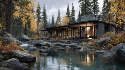 Obraz premium Serene Retreat Modern home nestled by a stream in autumn forest.