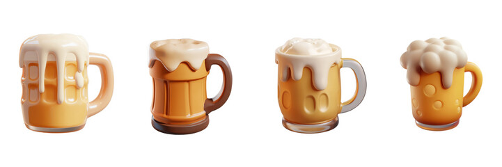 Four 3D Rendered Beer Steins with Frothy Head Overflowing Perfect for Oktoberfest or Brewery Ads