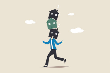 Housing investment risk, uncertainty of property mortgage loan and interest rate, real estate debt, buying too many houses concept, tried businessman balancing unstable stack of houses he bought.