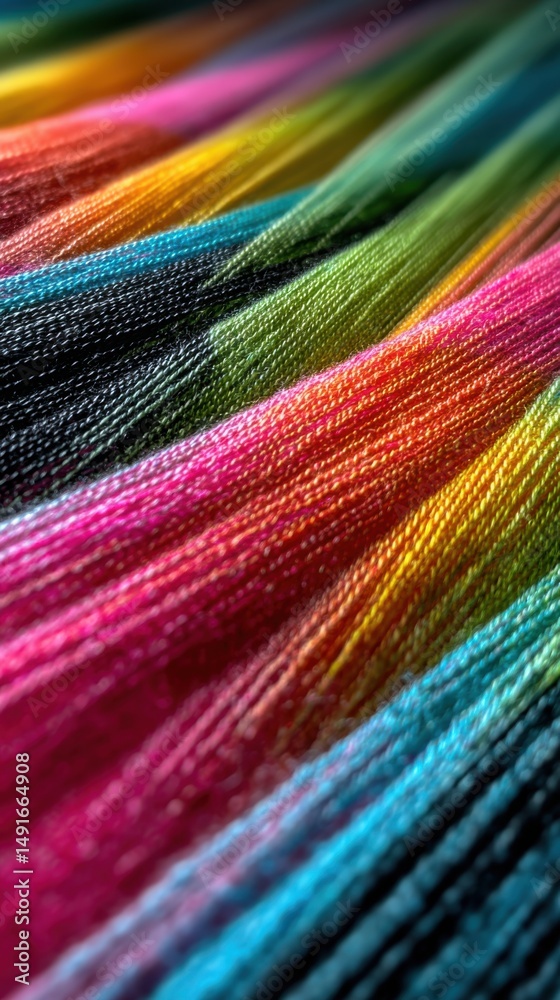 Poster colorful threads abstract close up view diagonal arrangement rainbow hues vibrant fibers textile art