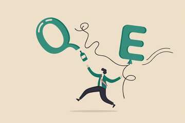 QE tapering FED, federal reserve stop or reduce Quantitative Easing policy when economic recovered with stock market impact concept, panic businessman run to catch deflate balloon with alphabet QE.