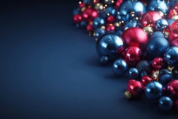 Colorful Christmas ornaments arranged on a vibrant blue surface, perfect for holiday-themed designs.
