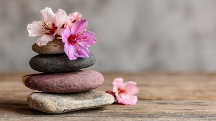 A beautiful stack of rocks adorned with a vibrant flower on top symbolizing growth, balance, and natural aesthetics