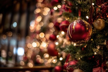 Christmas tree decorated with red and gold ornaments in a festive indoor setting.
