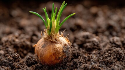 Close-up of onion bulb sprouting green shoots in dark soil showing new growth and spring planting in garden setting