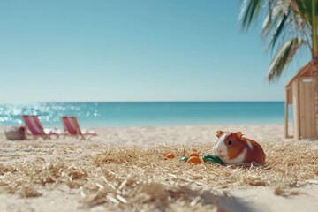 Obraz premium Guinea pig vacation at the beach with sea view and palm trees in summer