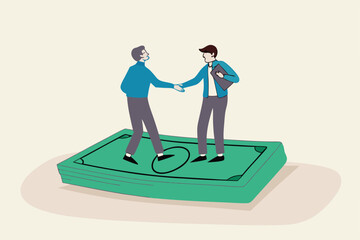 Salary negotiation, pay raise discussion or wages and benefit agreement, business deal or merger and acquisition concept, business people handshake on pile of money banknote after finish agreement.