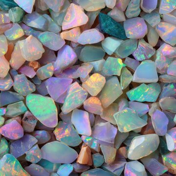 Pile of rough opal stones showing play of color from above in studio lighting for jewelry making and geology