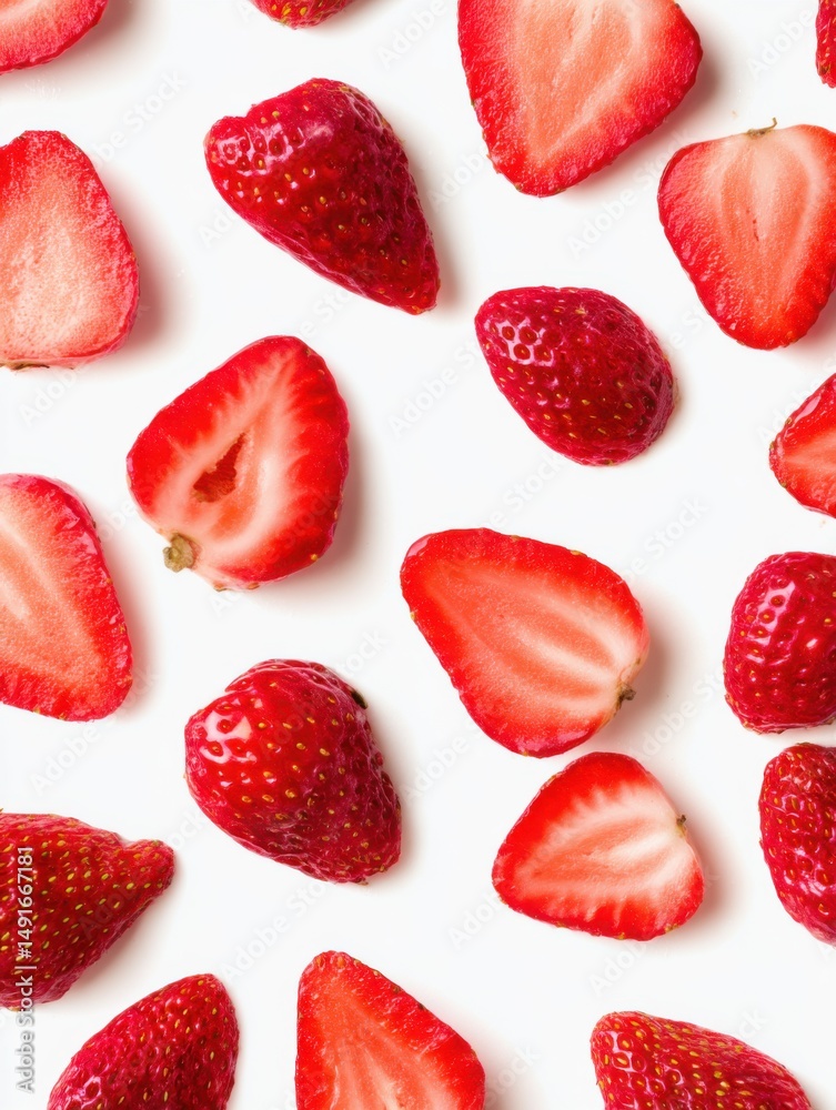 Aufkleber fresh strawberries pattern overhead flat lay on white background delicious red berries halved and wh