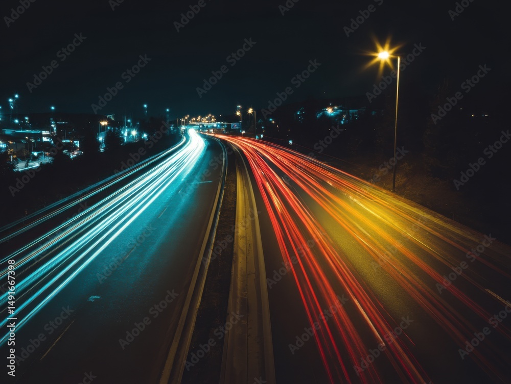 Poster highway at night with light trails long exposure shot from above view of traffic moving fast